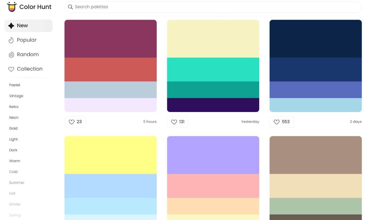Color Hunt é um aplicativo de folha de dicas simples para desenvolvedores obterem modelos de paleta de cores