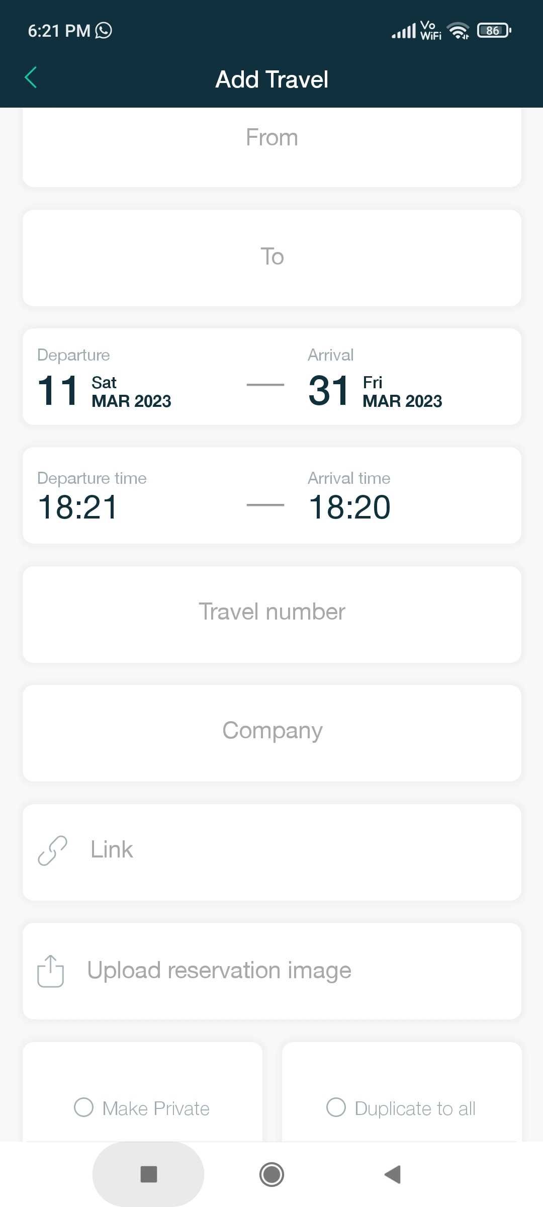 You can add different details for each type of activity, such as flight number and ticket screenshots for travel