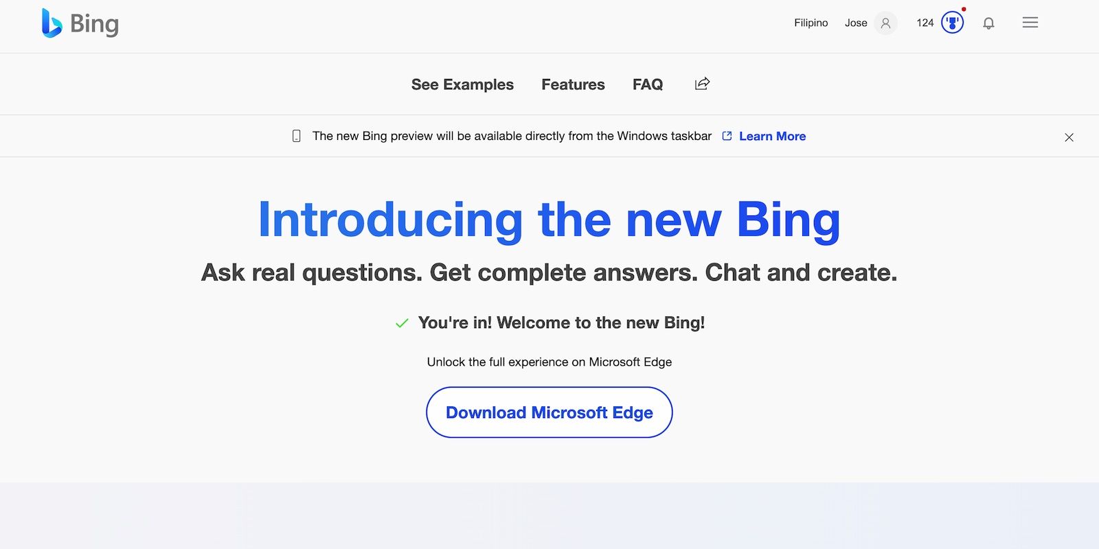 Boas-vindas do Bing AI ao ser aprovado