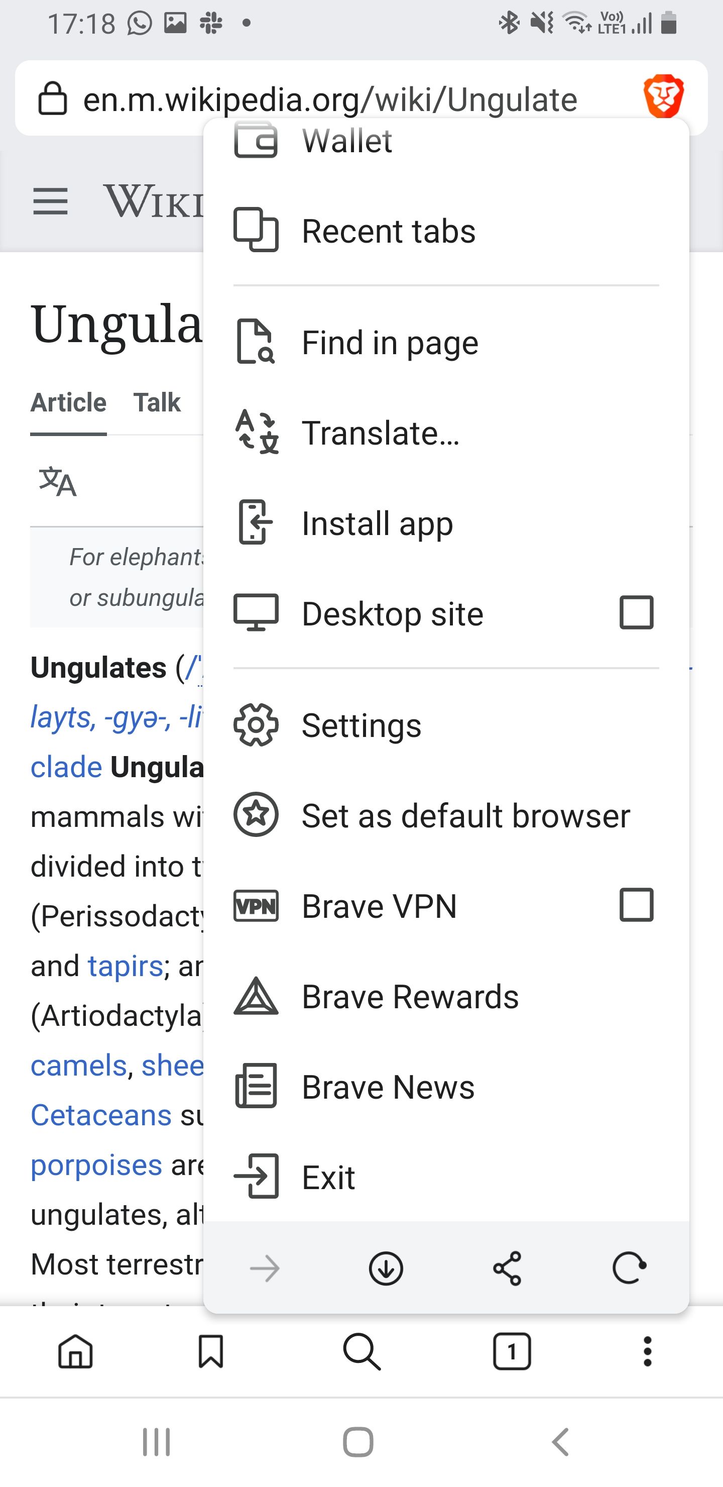 Brave browser menu
