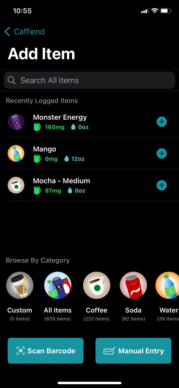 برنامه Caffiend-Caffeine Tracker صفحه آیتم را اضافه می کند