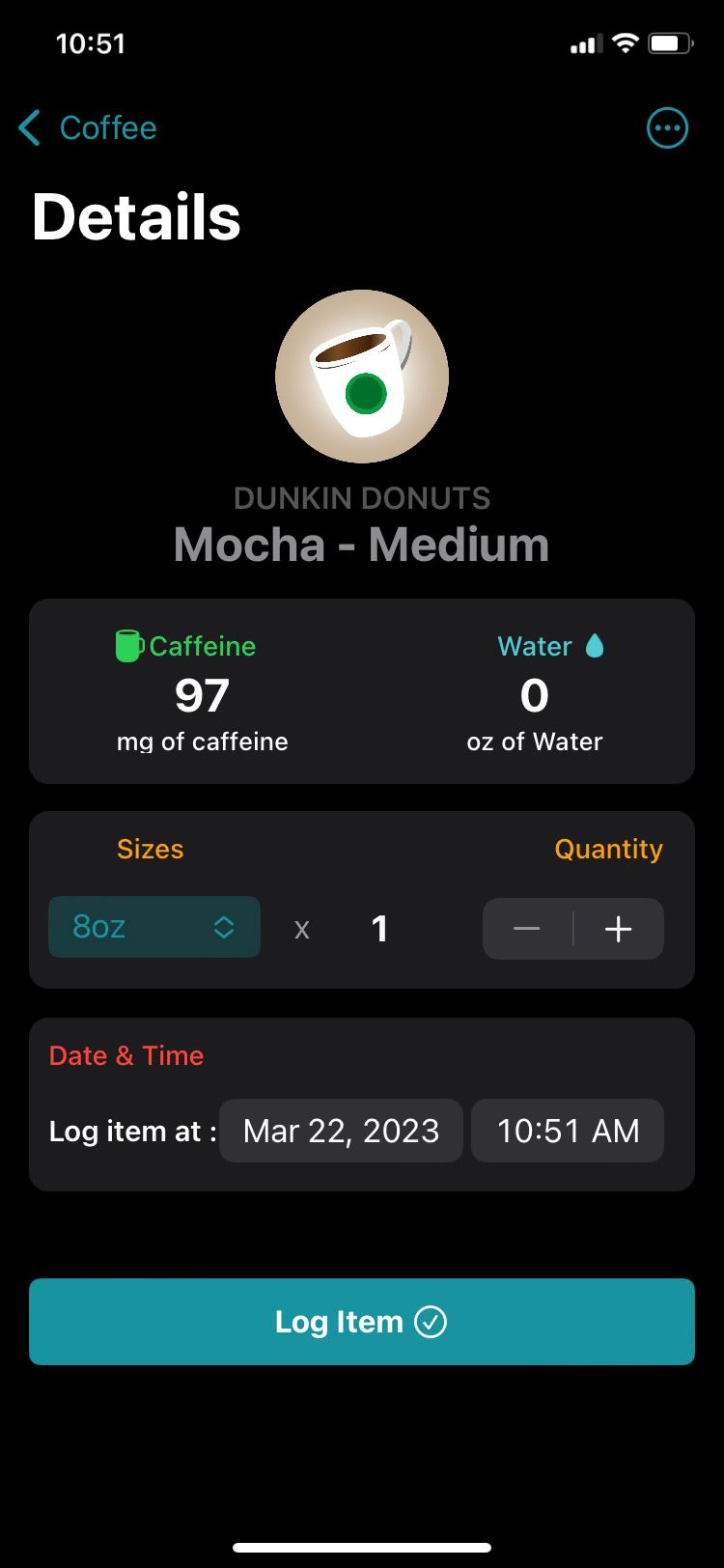 انتخاب برنامه موکا Caffiend-Caffeine Tracker