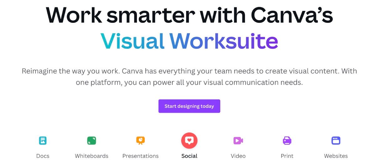 عنوان Canva Visual Worksuite و نمادهای زیر برای اسناد، تخته‌های سفید، ارائه‌ها، اجتماعی، ویدئو، چاپ و وب‌سایت‌ها.