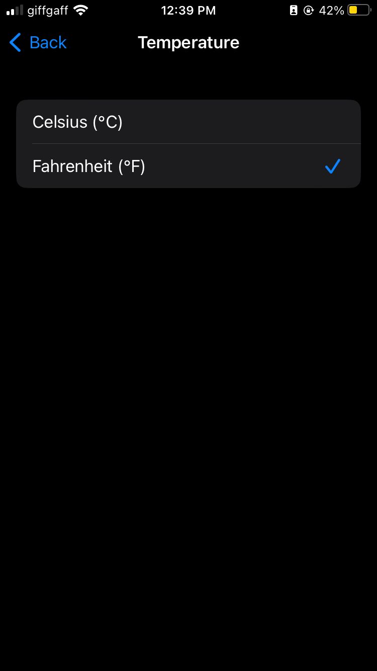Celsius and Fahrenheit options on an iPhone