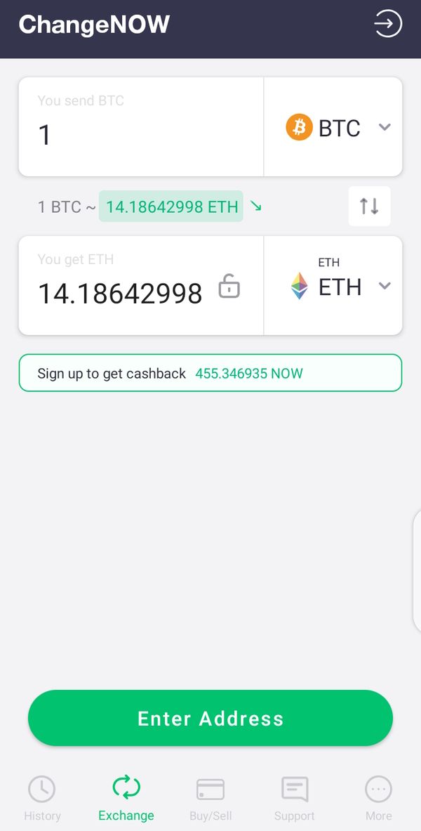 A screenshot of the ChangeNow app 2