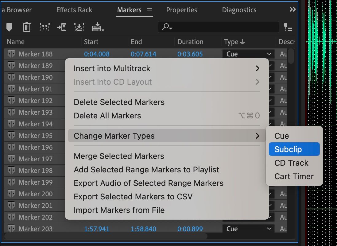 Changing all markers to subclips in Adobe Audition