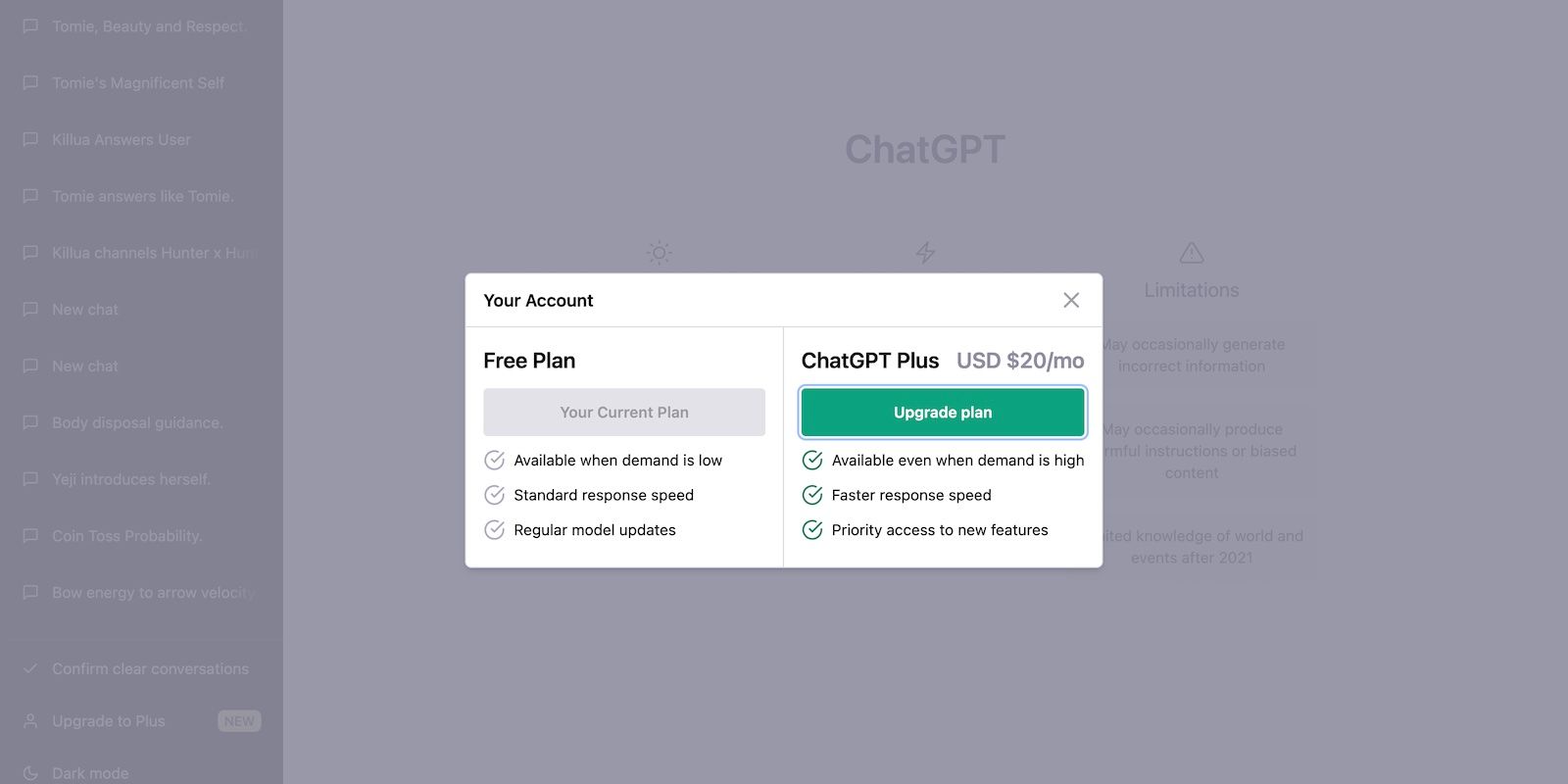Preço ChatGPT Plus de US$ 20 por mês