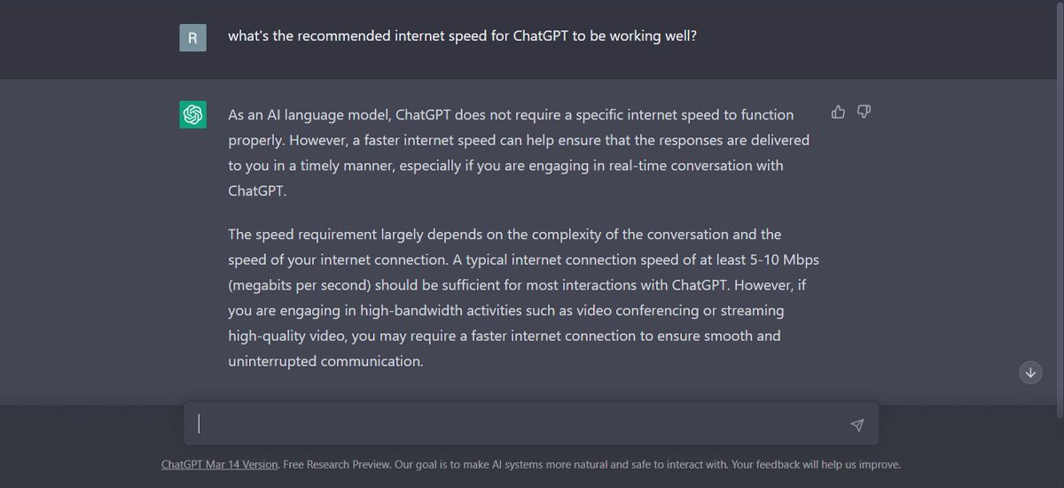 Vitesse Internet pour ChatGPT