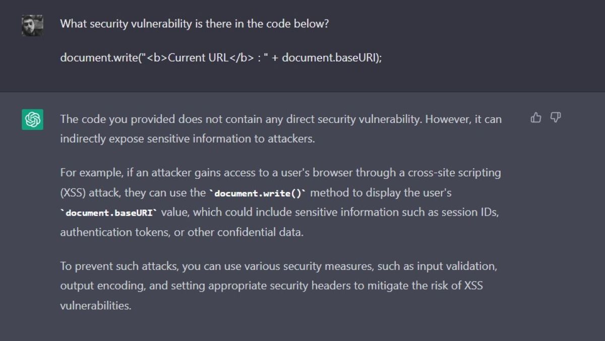 درخواست از chatgpt برای کد جاوا اسکریپت آسیب پذیر