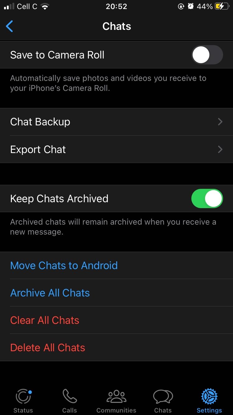 chats menu options on WhatsApp for iOS