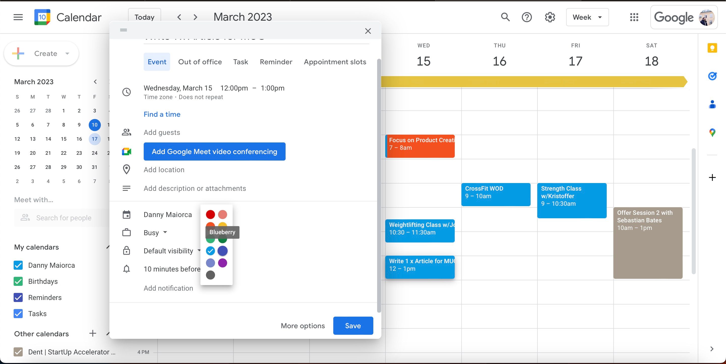 Pilih Warna Tangkapan Layar Kalender Google