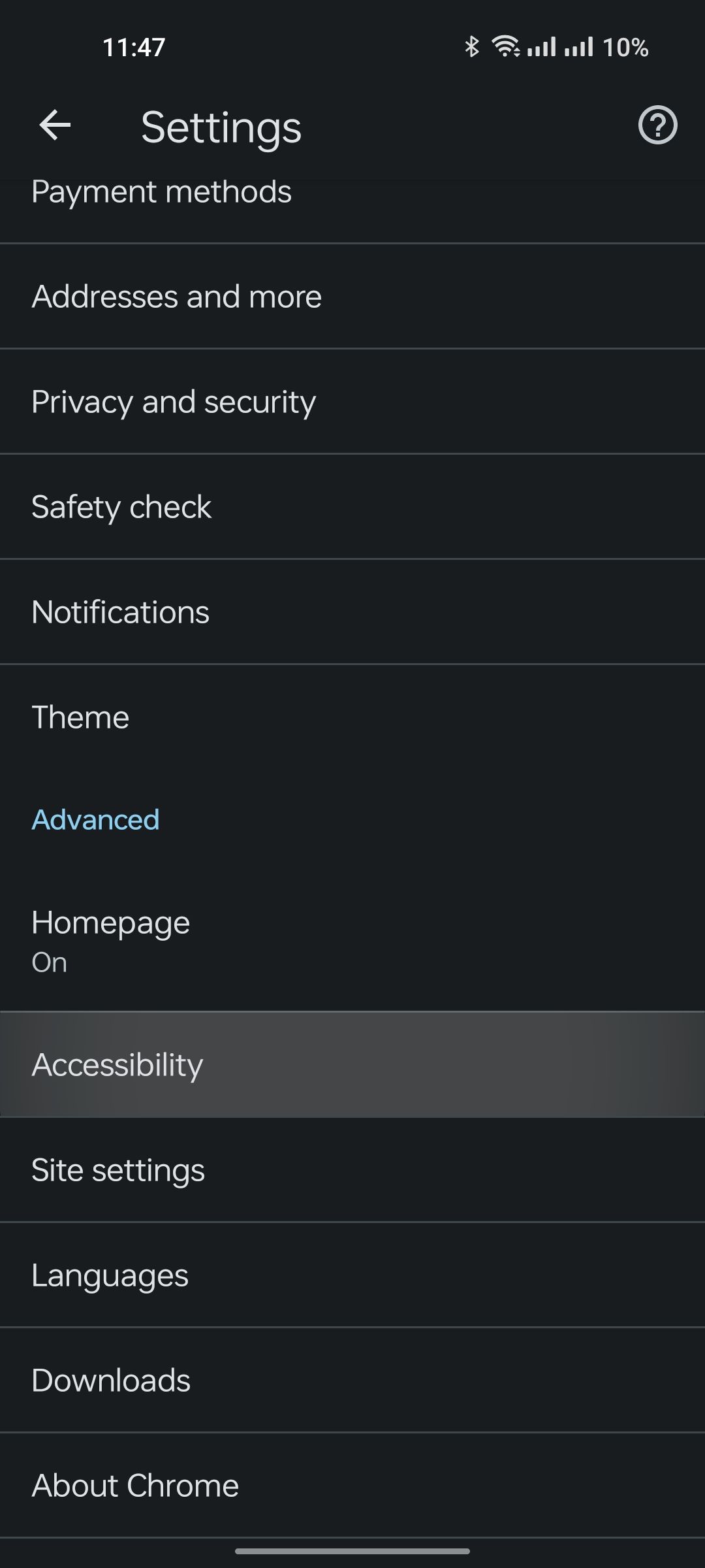 Accessibility options inside Chrome Beta