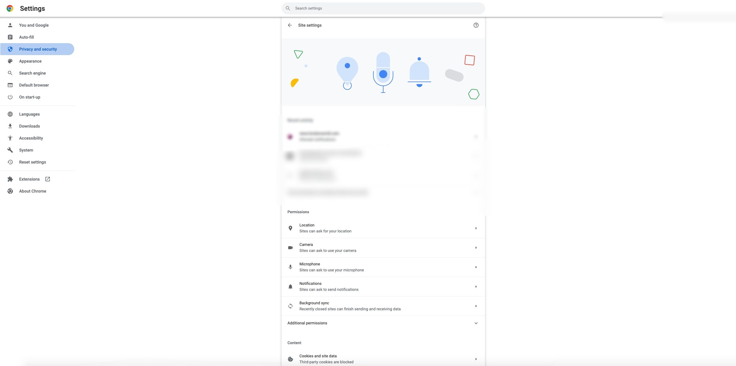 screenshot of chrome privacy and security settings