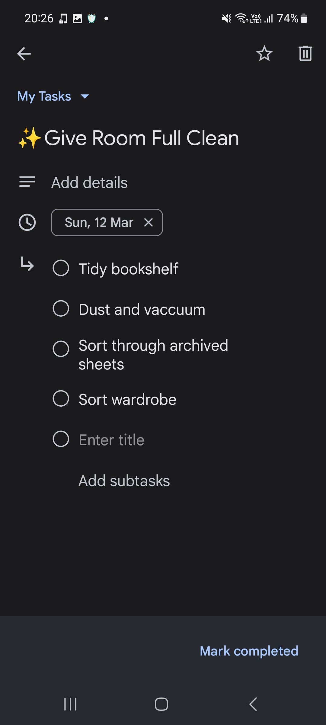 Cleaning room subtasks format in Google Tasks