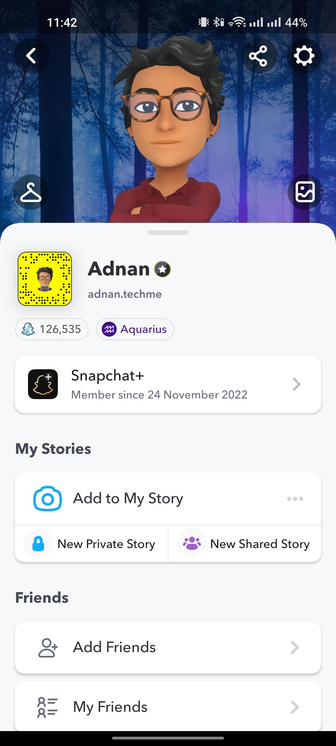 Snapchat profile page with access to settings menu