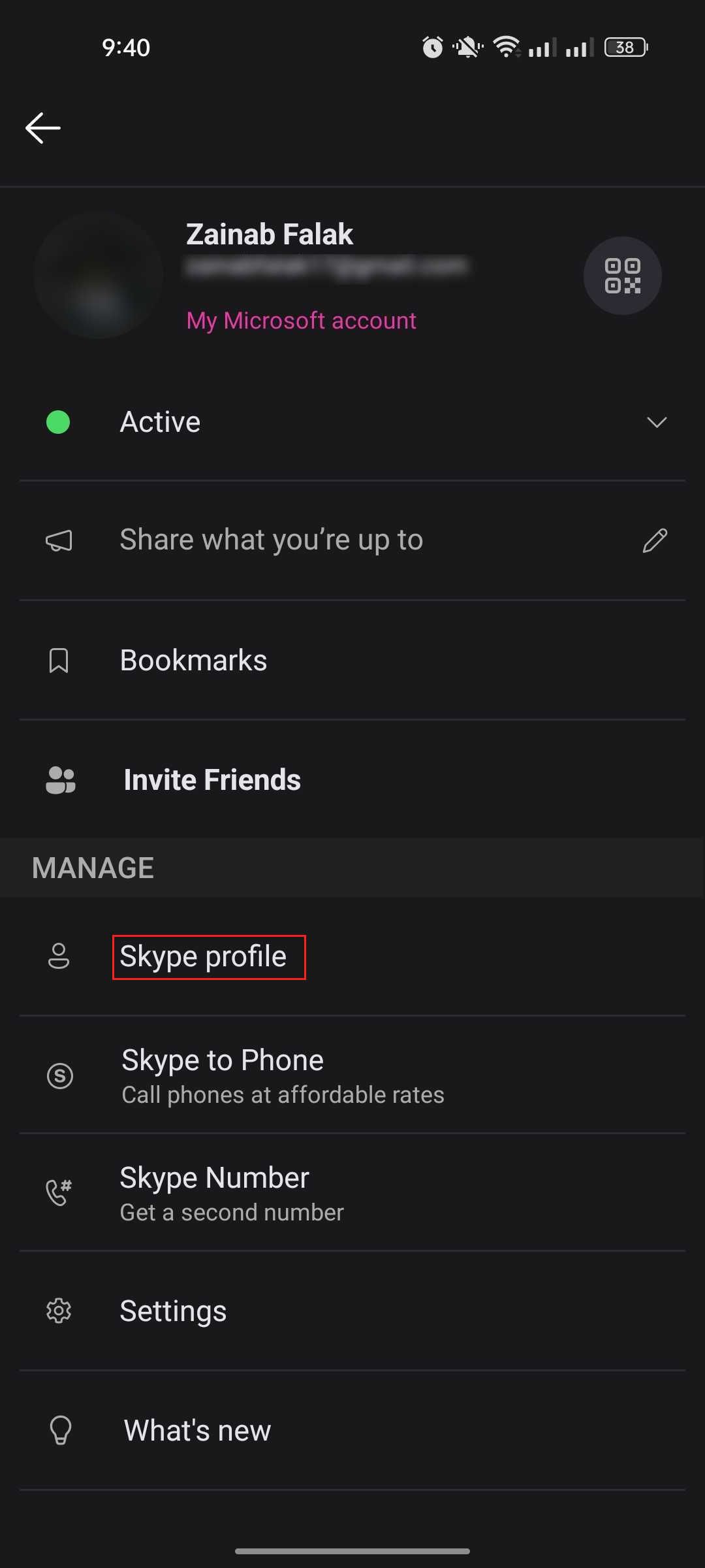 Clique na opção de perfil do Skype