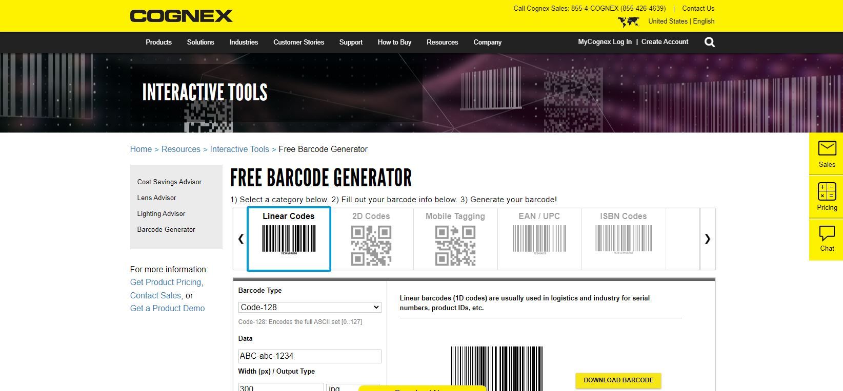 A Screenshot of the Cognex Free Online Barcode Generator in Use