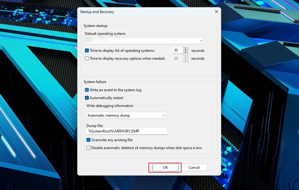 Configuring PC to create memory dumps