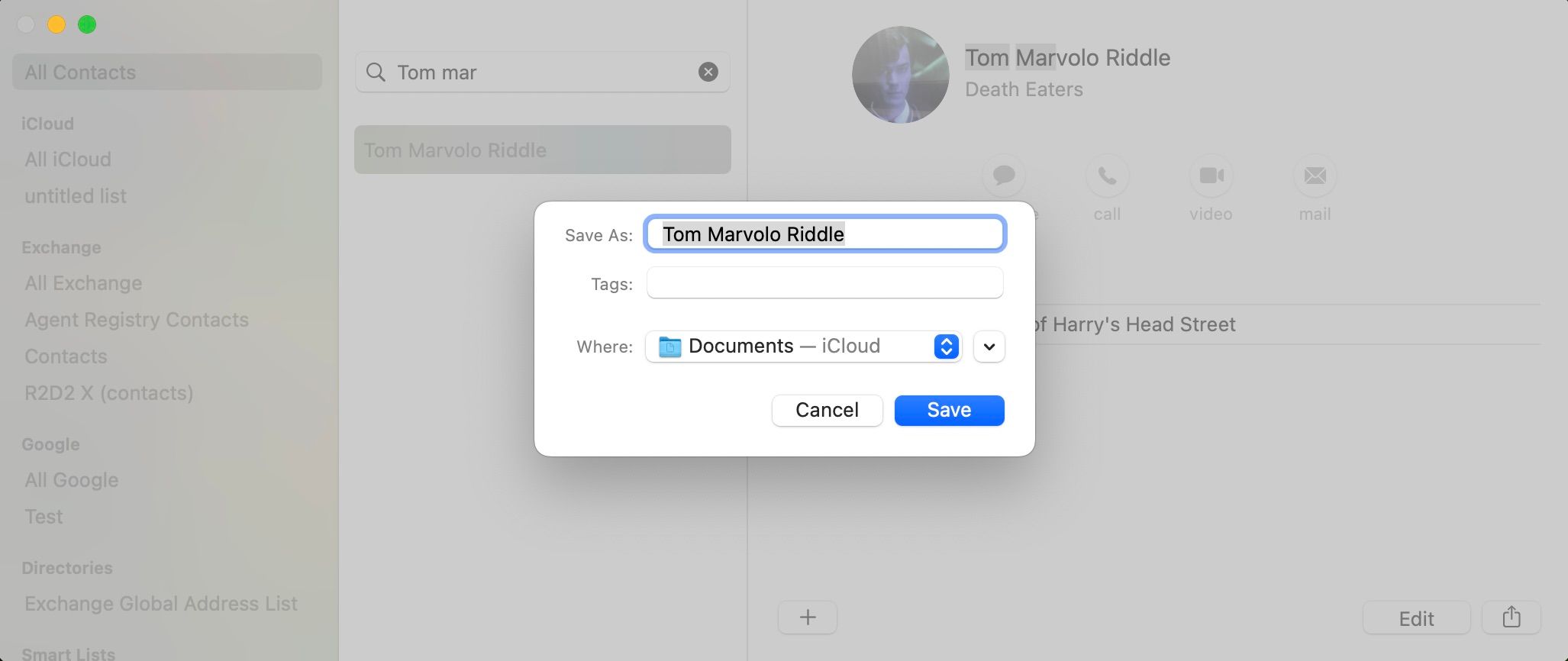 Contacts export dialogue box for Tom Marvolo Riddle
