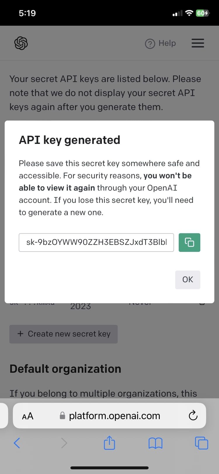 copy OpenAI API key