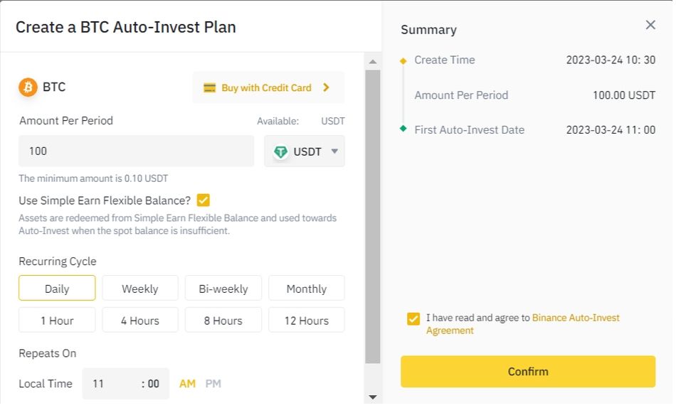 برای Binance Auto-Invest یک صفحه طرح ایجاد کنید