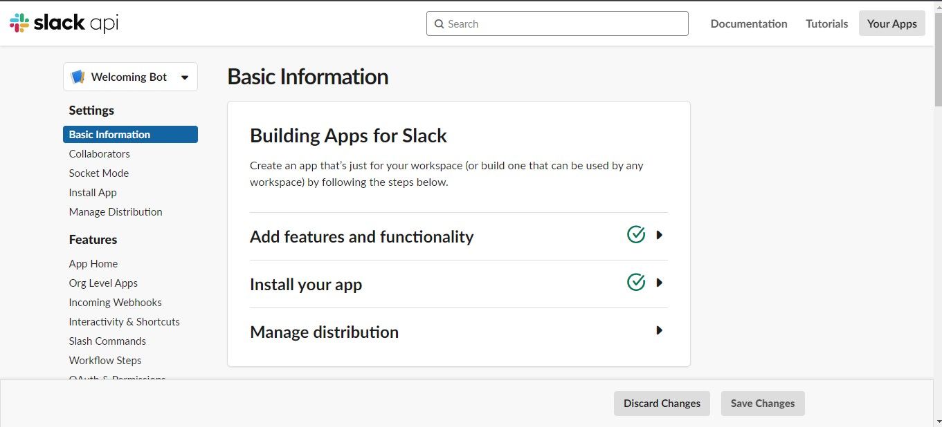Halaman informasi dasar aplikasi Slack