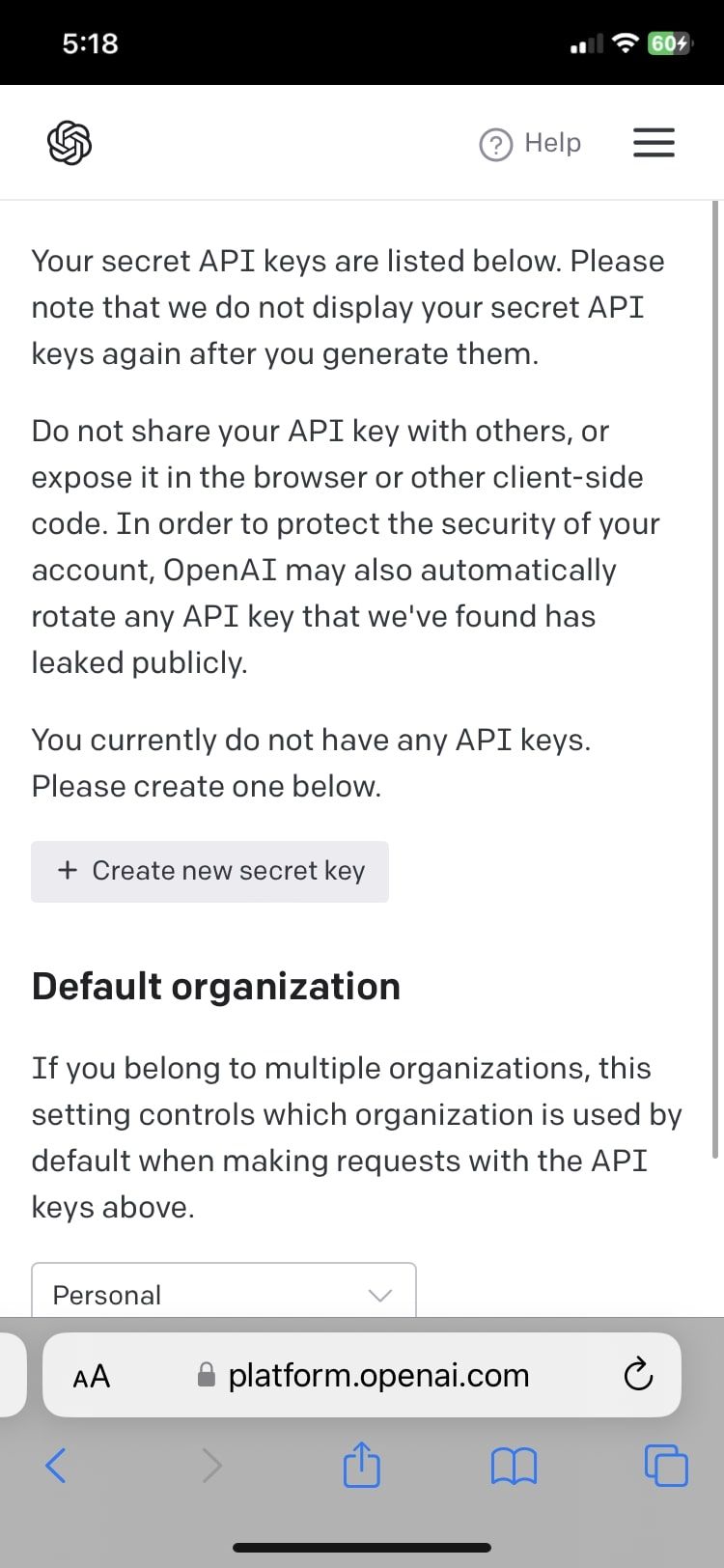 create new secret key for OpenAI