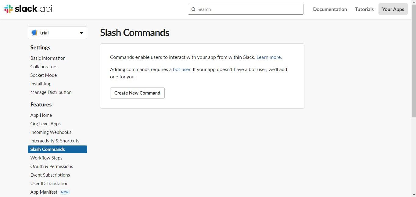 Fitur perintah Slash di situs web Slack API