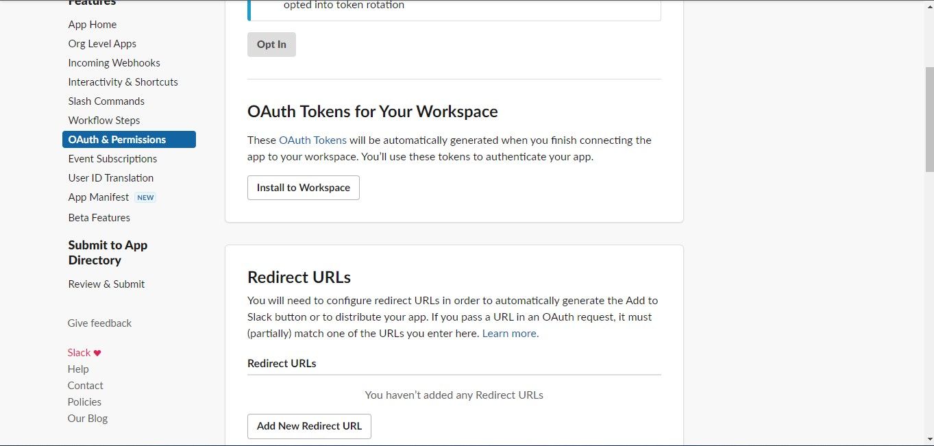 Fitur OAuth & Izin di situs web Slack API