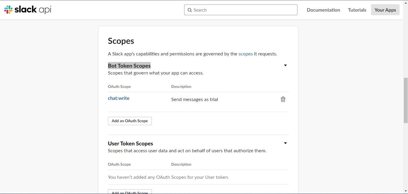 Cakupan token bot di situs web Slack API