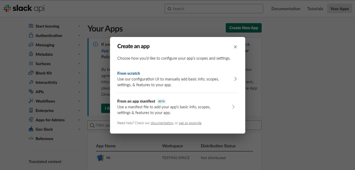 Opsi untuk membuat aplikasi di situs web Slack API