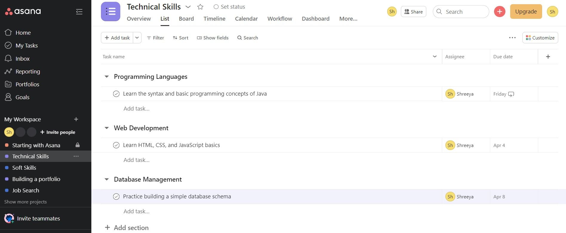 criando seções no projeto no Asana