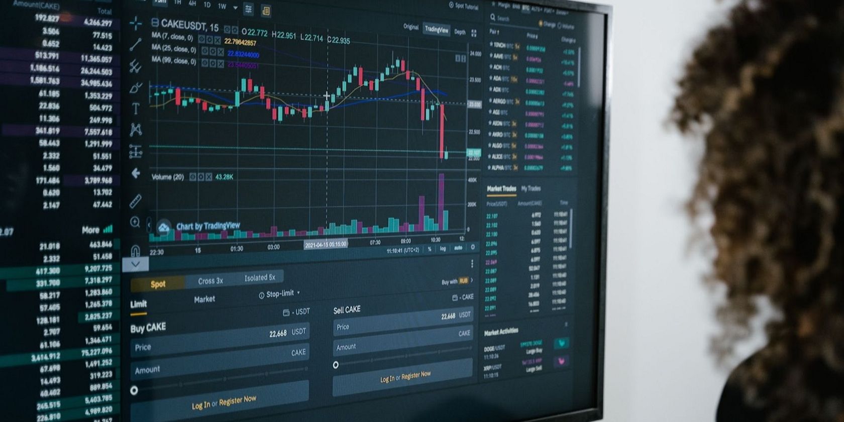 A woman viewing the crypto charts on a screen