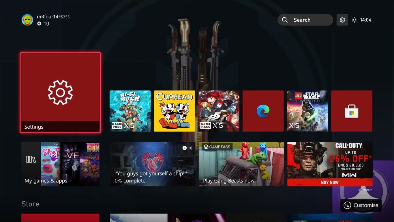 A screenshot of an Xbox Series X home screen using a custom background in the form of achievement art