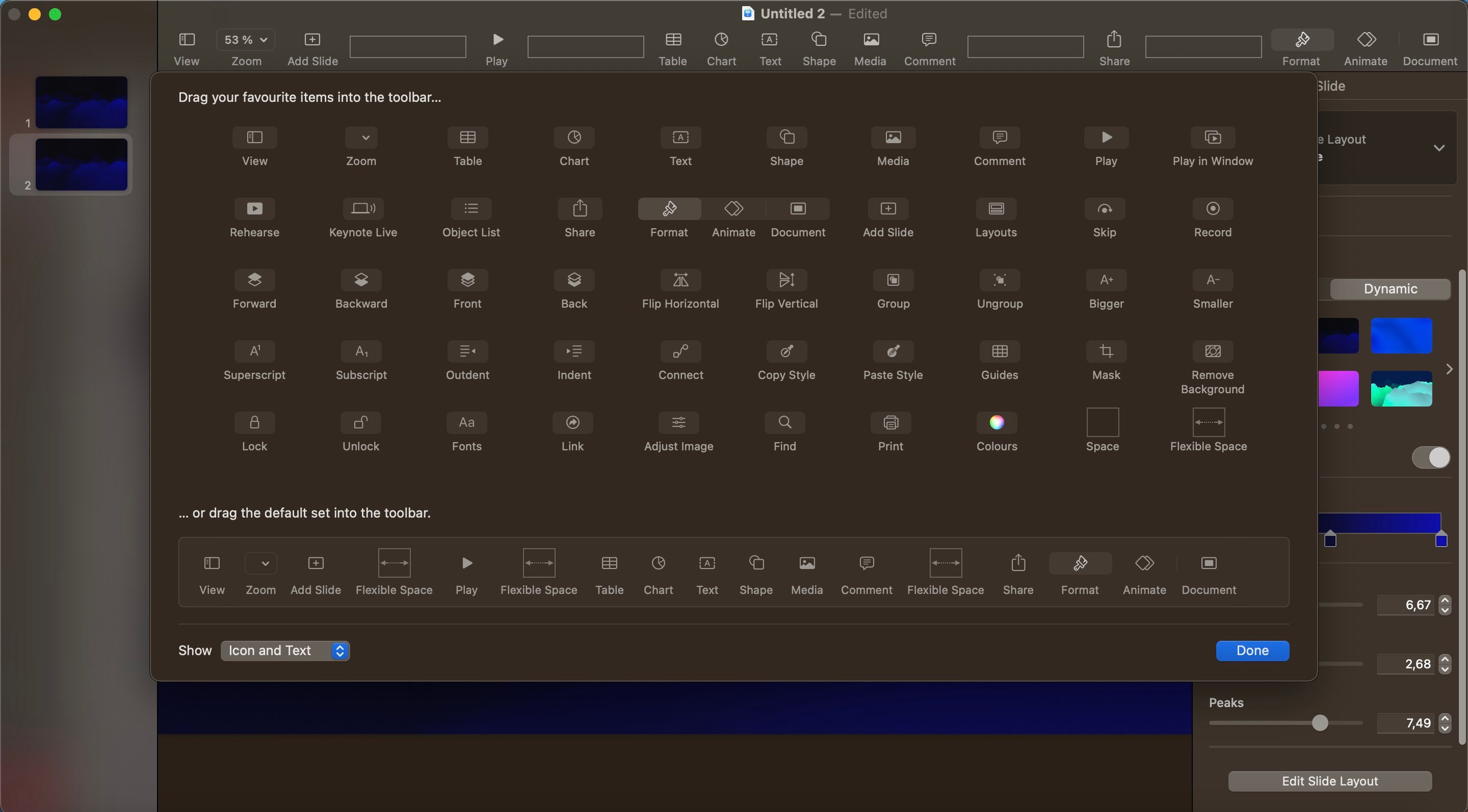 Customize Toolbar in Keynote for mac screenshot