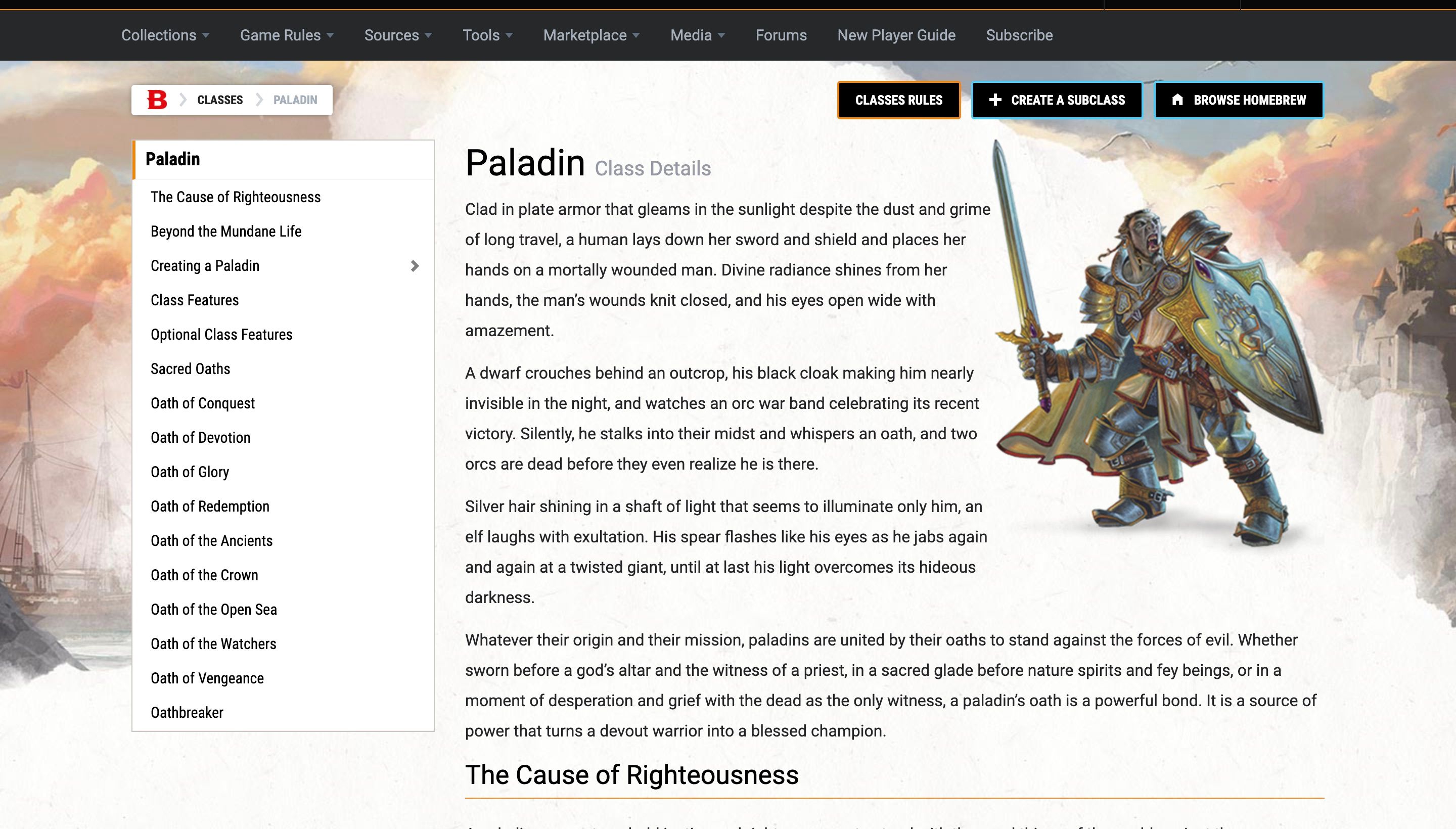 وب سایت D&D Beyond قوانینی را در Paladins نمایش می دهد