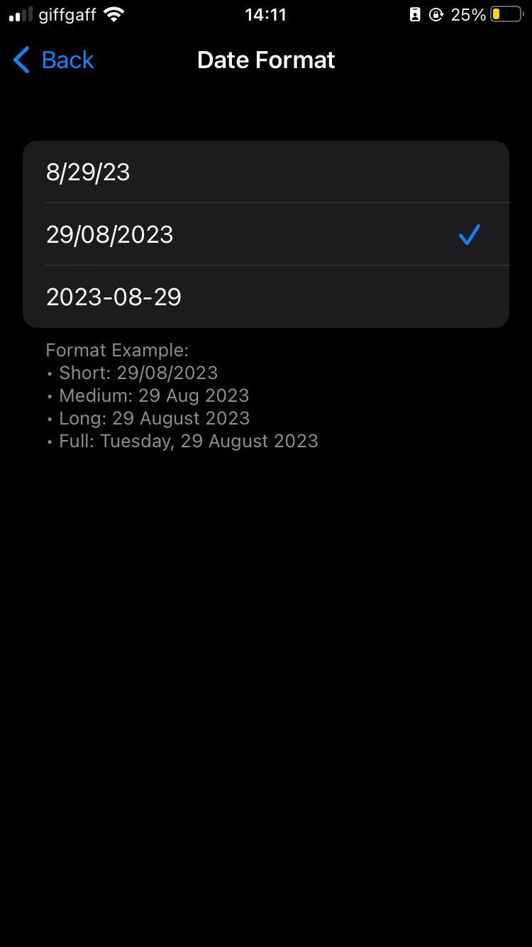 Date Format Options on an iPhone