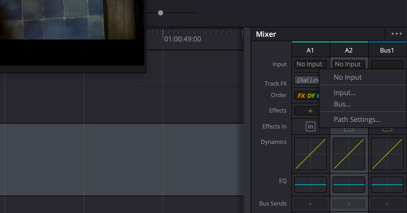 Screenshot of the audio mixer panel in DaVinci Resolve 18