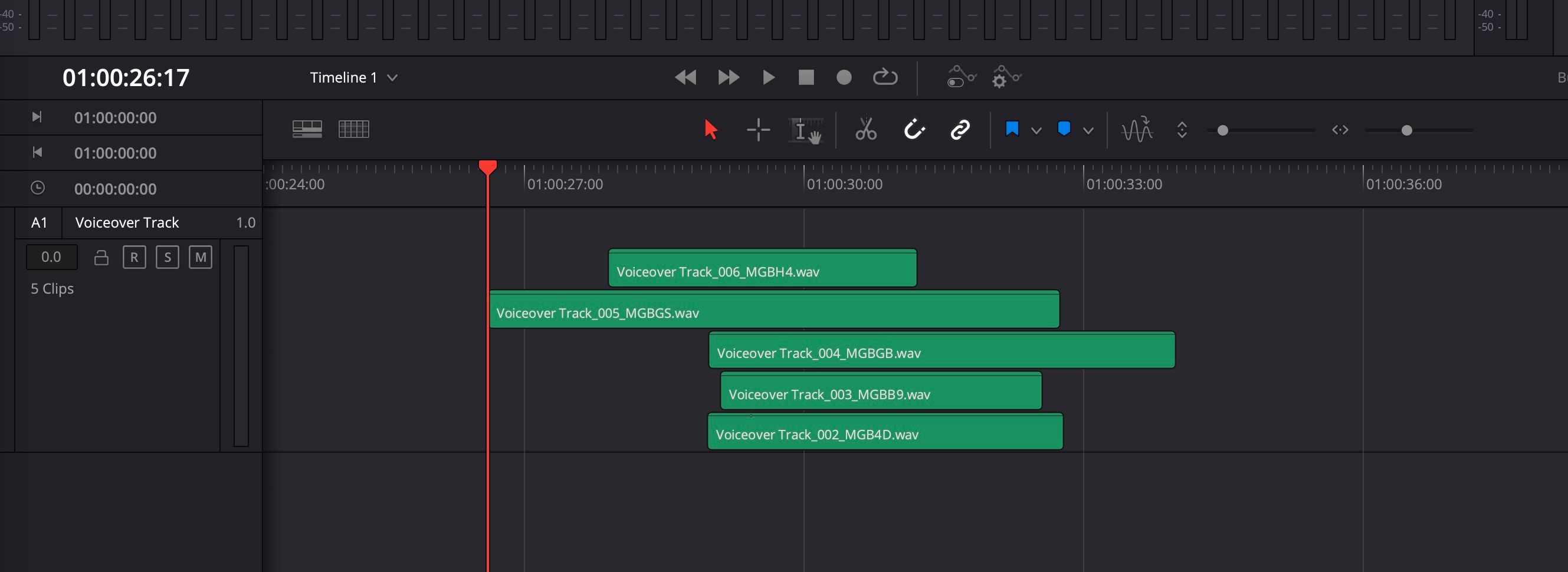 Screenshot of DaVinci Resolve 18 showing the audio layers in the timeline