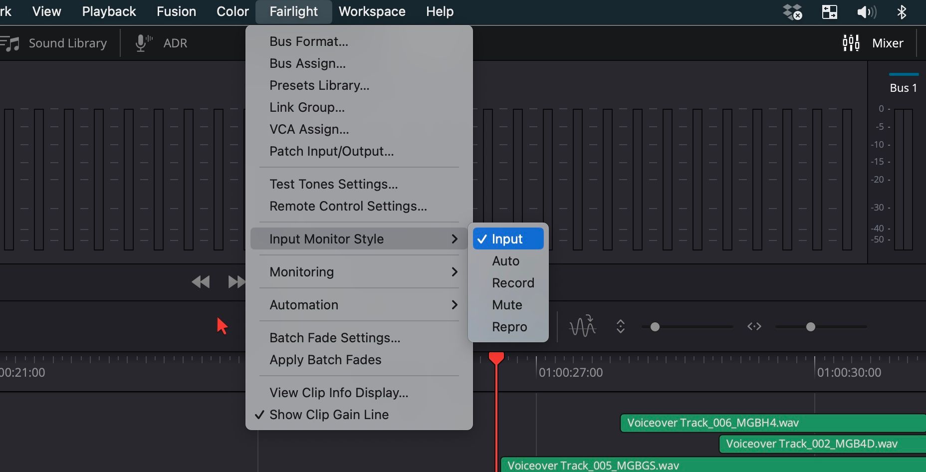 Screenshot of DaVinci Resolve 18 Fairlight input mointoring style menu