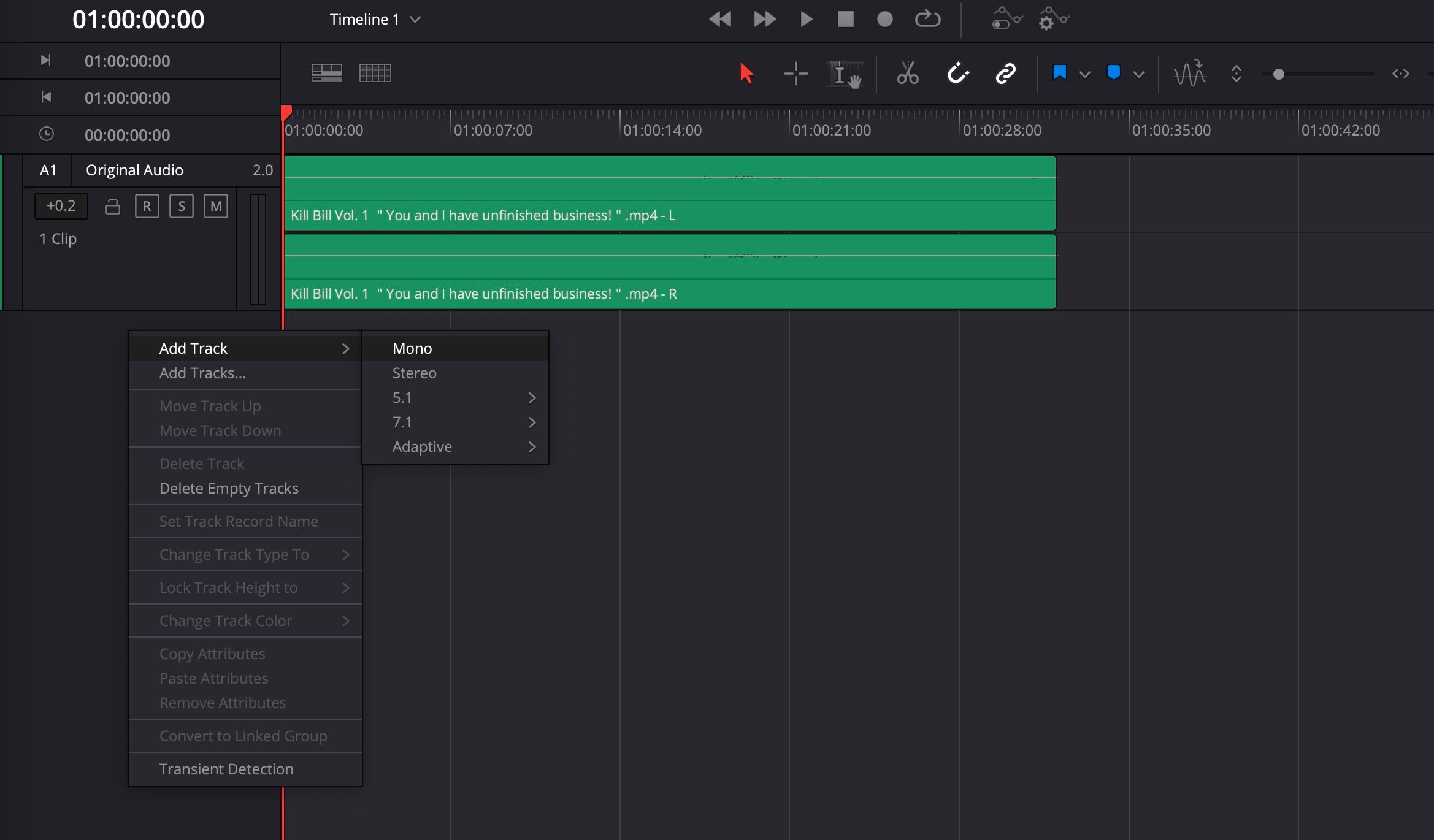 Screenshot of Davinci Resolve 18 showing the option to add audio track