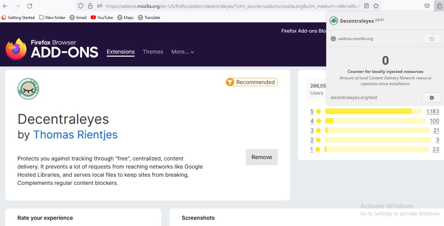 اسکرین شات افزودنی Decentraleyes در صفحه موزیلا