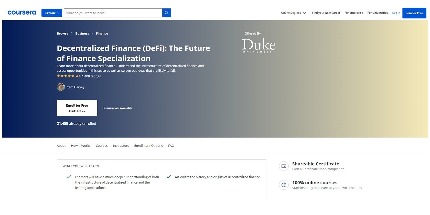 Screenshot of Decentralized Finance (Defi) The Future of Finance course 