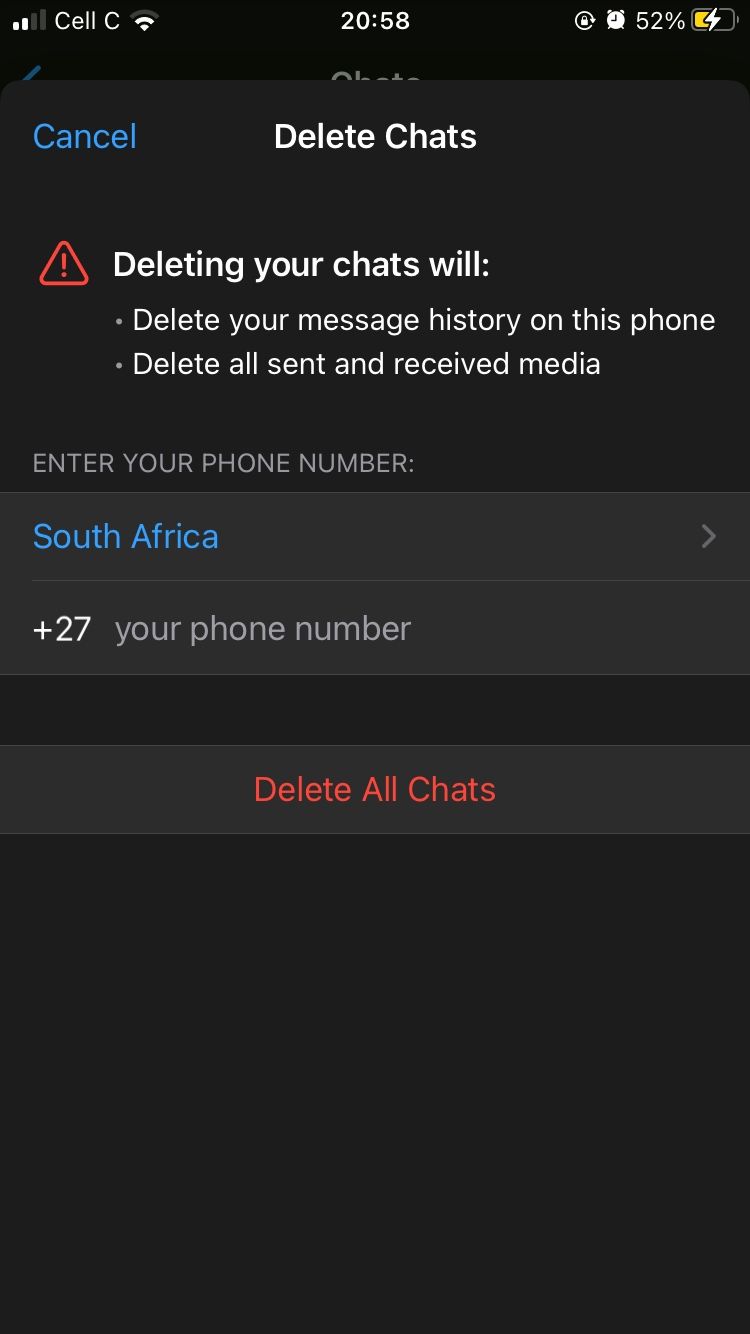 delete all chats confirmation page on WhatsApp for iOS