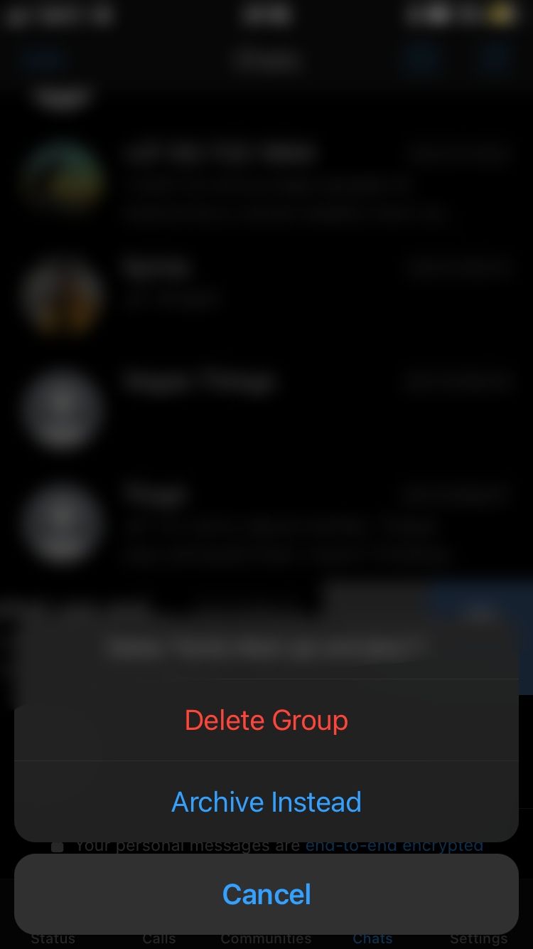 delete and archive group options on WhatsApp iOS app