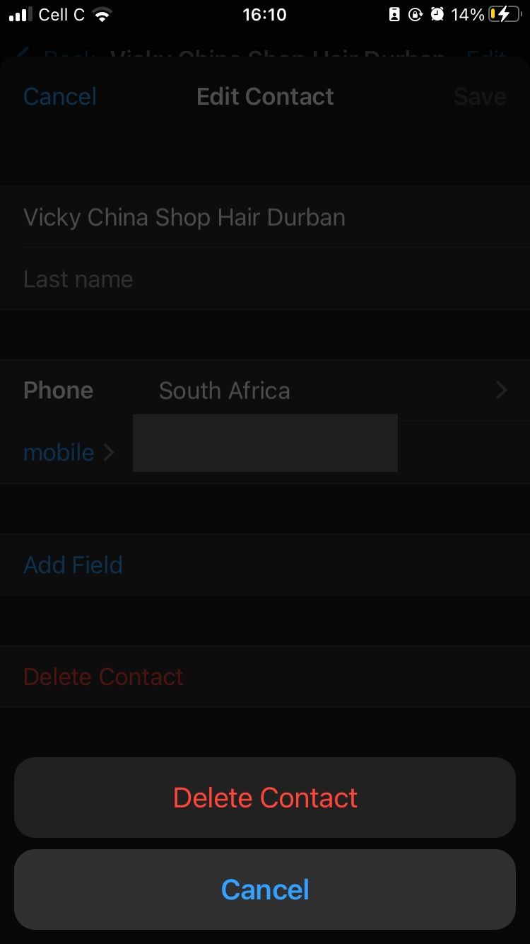 Delete contact button on WhatsApp mobile app