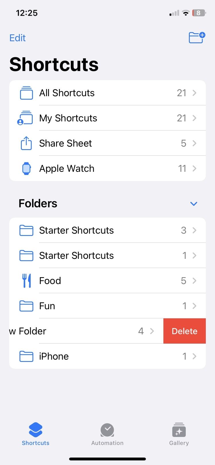 delete folder in the Shortcuts app