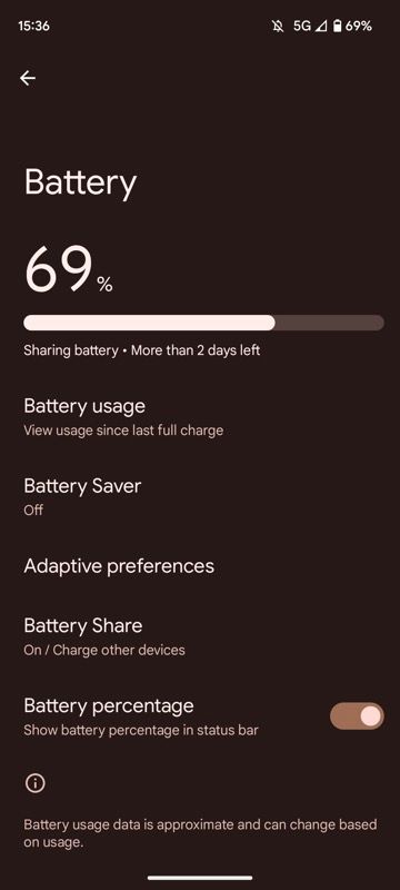 Battery Share settings on a Pixel 