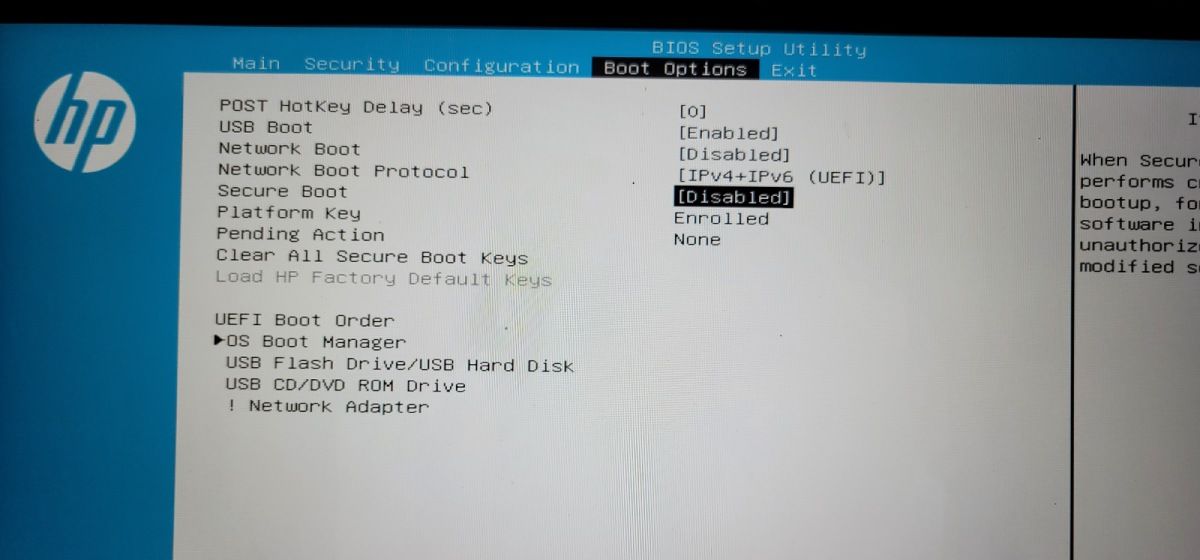disable secure boot bios