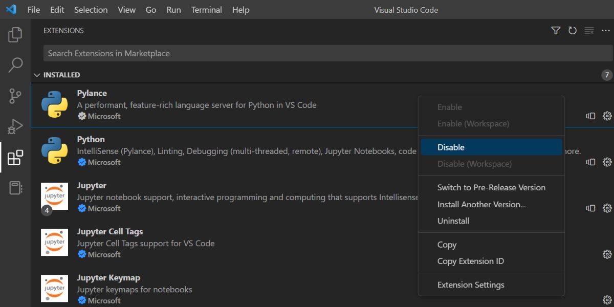 Disable Visual Studio Code Extensions